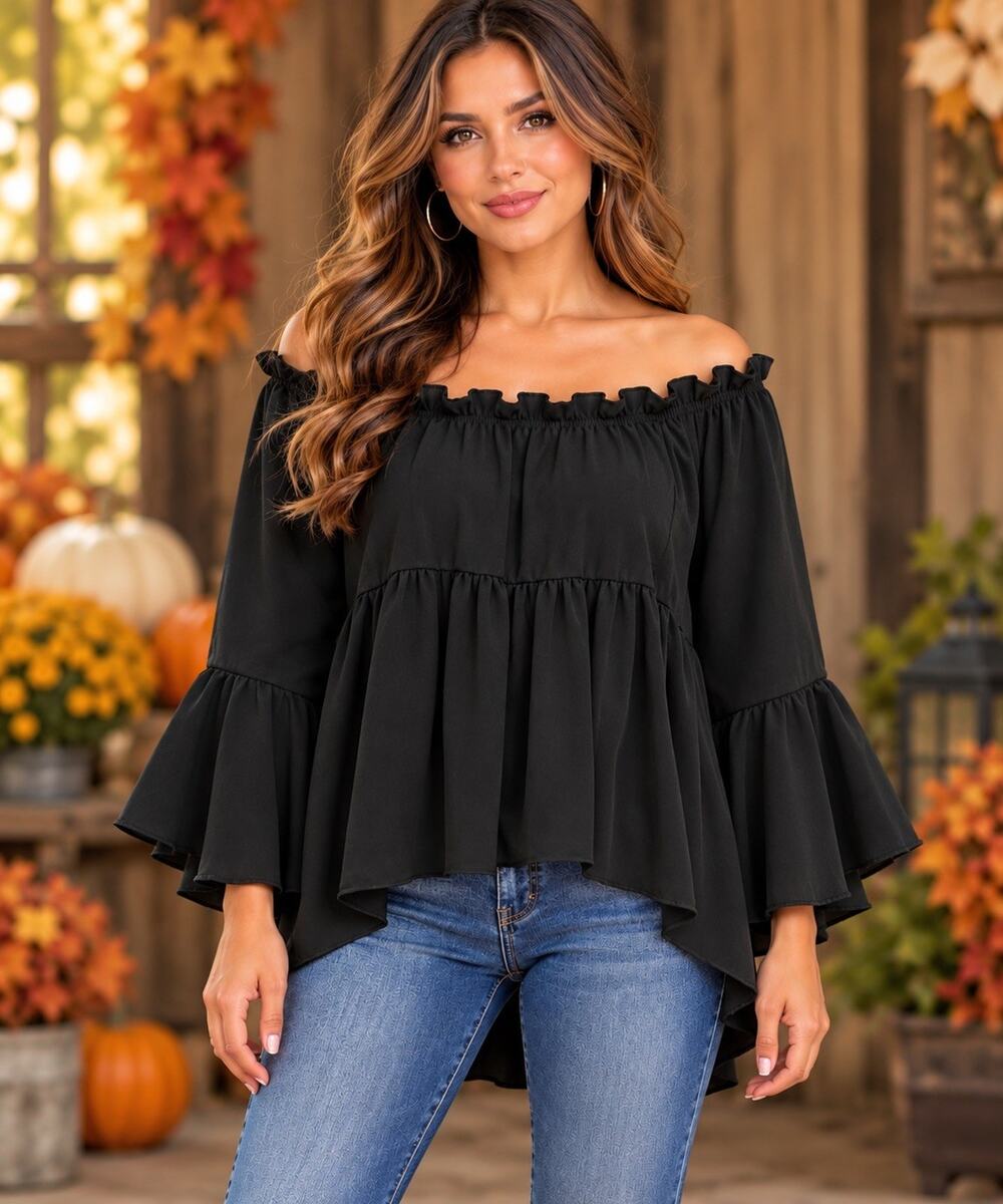 SHEIN Black Polyester Off-Shoulder Ruffle Bell 3/4 Sleeve Blouse Womens M